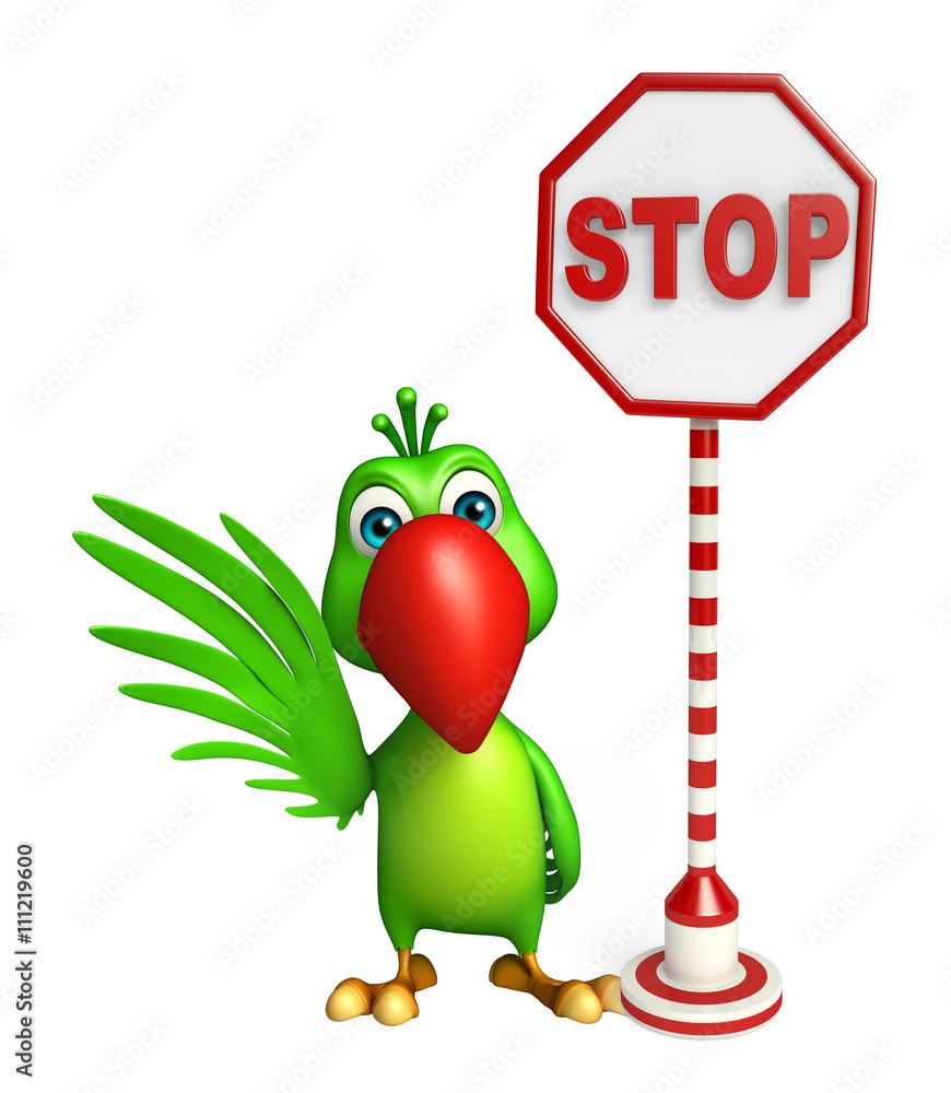 Naklejka premium fun Parrot cartoon character with stop sign