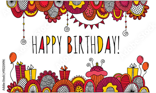 Happy Birthday With Hand Drawn Border Vector Bright Colours