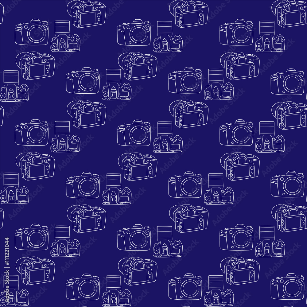 Digital SLR camera on a dark blue background seamless pattern Digital SLR camera on a dark blue background seamless pattern