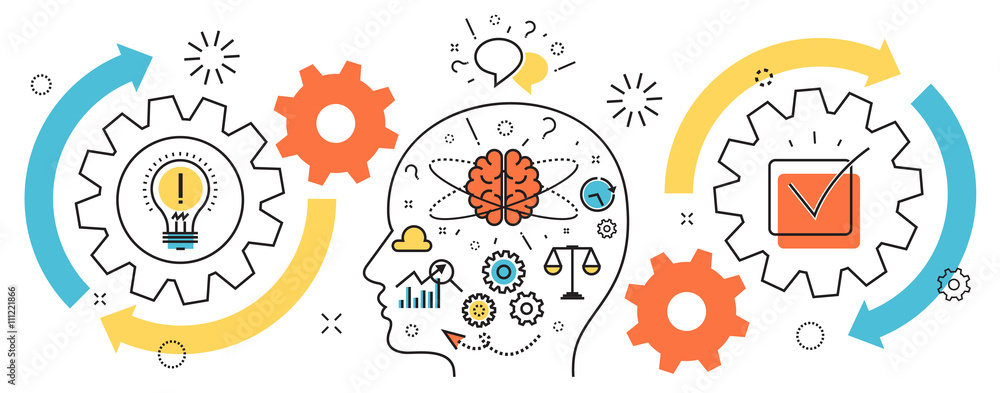 Flat line illustration of born business project startup thought process mechanism into man brain and head from idea to success for website banner and landing page, infographics, logo and icon