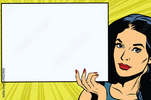 Brunette girl holding a blank rectangular poster