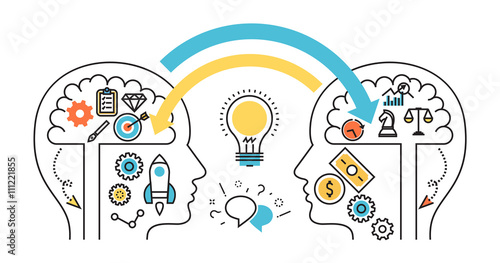 Flat line design website banner of exchanging ideas, dialog and dispute, experiences, knowledge, born business project startup, thought process mechanism for web design, marketing and print material