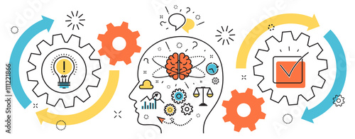 Flat line illustration of born business project startup thought process mechanism into man brain and head from idea to success for website banner and landing page, infographics, logo and icon © rdomino
