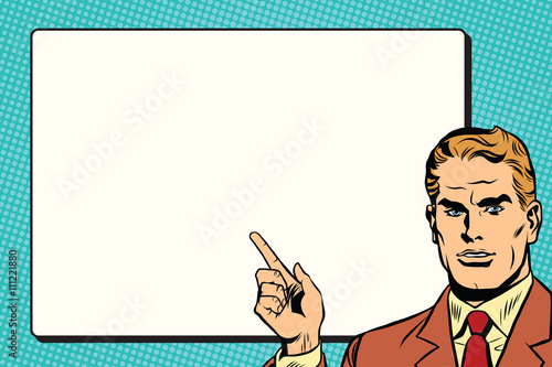 The man points to a white background sheet retro pop art