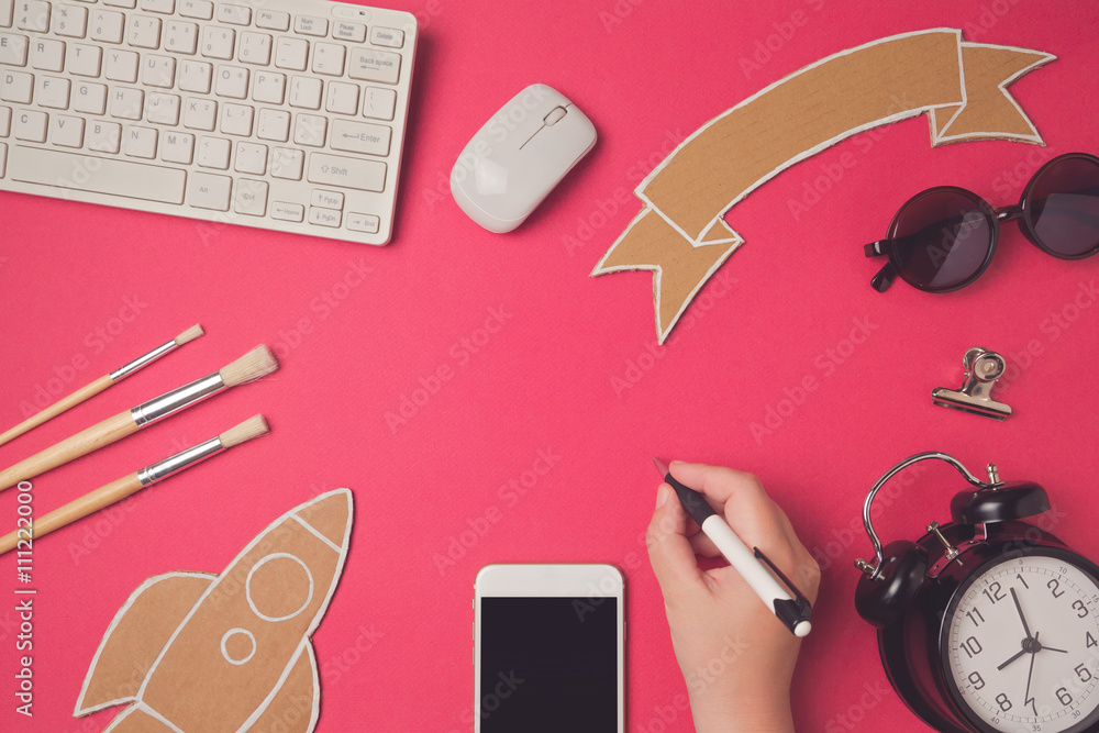 Creative design hero header image with smartphone. Education and e-learning modern website header background. View from above. Flat lay Creative design hero header image with smartphone. Education and e-learning modern website header background. View from above. Flat lay