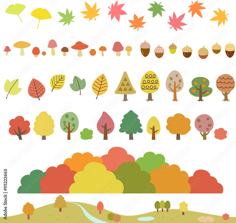 秋の木々 葉 キノコ どんぐりのイラストセット Stock ベクター Adobe Stock