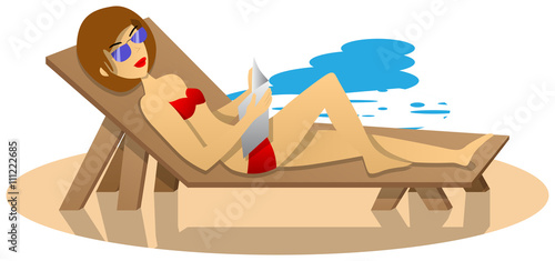 Cartoon girl sunbathing on seashore