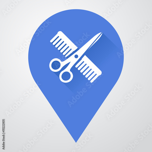 Icono plano localizacion con peine y tijeras con sombra