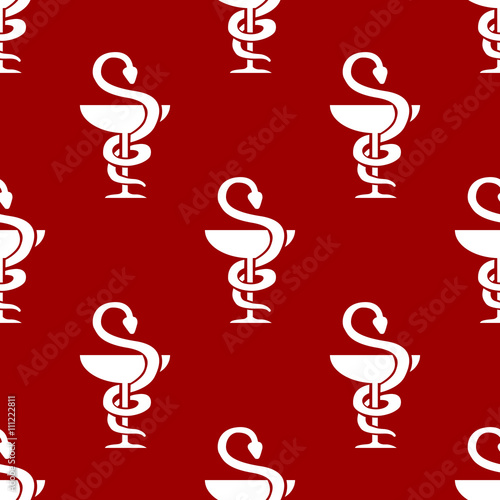 Icono plano patrón con caliz y serpiente sobre fondo granate