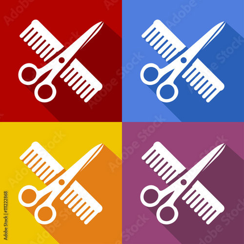 Icono plano peine y tijeras con sombra en varios colores