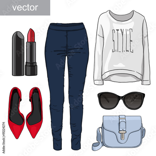 Lady fashion set of autumn, spring season outfit. Illustration stylish and trendy clothing. Denim, glasses, sweatshirt, shoes high heels. 