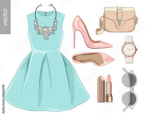 Lady fashion set of spring, winter season outfit. Illustration stylish and trendy clothing.