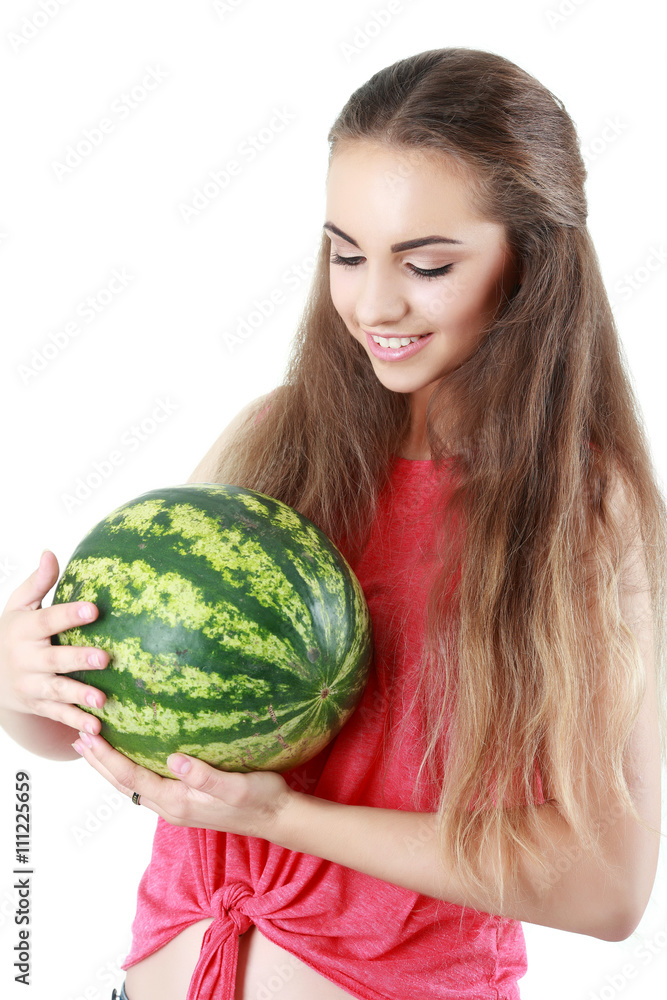 Beautiful girl with watermelon in studio Beautiful girl with watermelon in studio