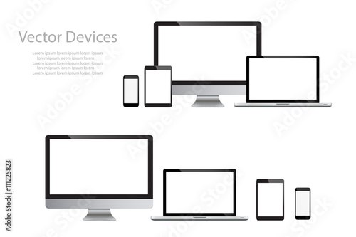 Set of realistic computer monitors, laptops, tablets and mobile phones. Electronic gadgets, isolated, on white background
