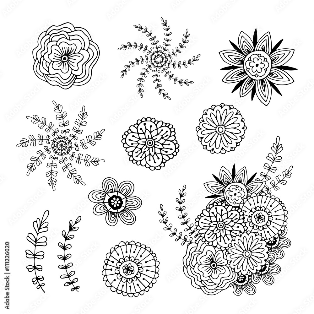Vector flowers doodle collection. Adult coloring book page decorations ...