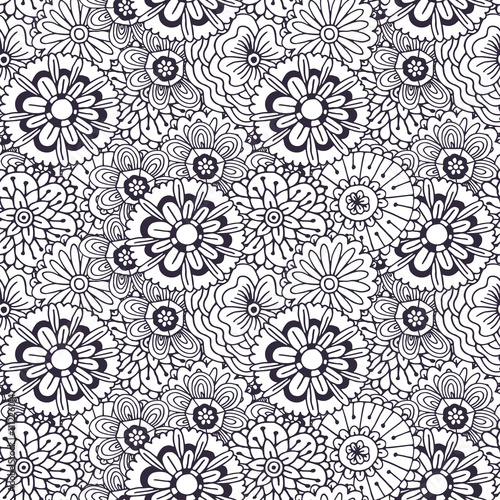 Vector pattern with abstract flowers ornament. Adult coloring book page. Zentangle seamless design