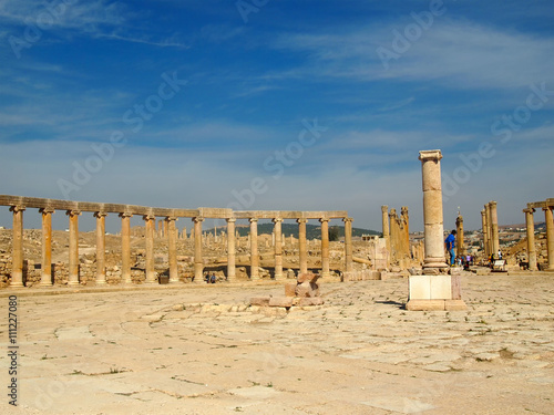 Forum (Oval Plaza) in Gerasa (Jerash), Jordan. Forum is an asymmetric plaza at the beginning of the Colonnaded Street, which was built in the first century AD
