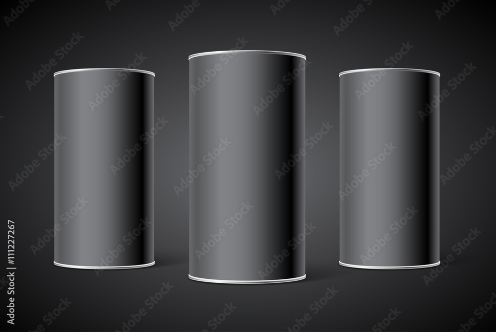 Three Black Blank Tin can packaging mockup. Tea, coffee, dry products, gift box. Three Black Blank Tin can packaging mockup. Tea, coffee, dry products, gift box.