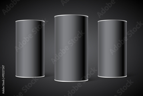 Three Black Blank Tin can packaging mockup. Tea, coffee, dry products, gift box. © customdesigner