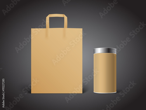 Brown kraft paper bag mockup with brown cardboard Blank Tincan packaging on black background