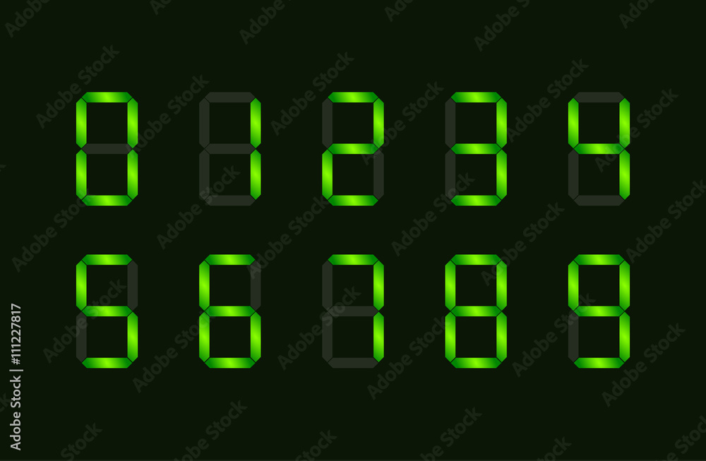 Set of green digital number signs made up from seven segments in the dark