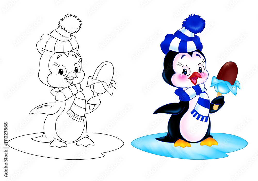 Penguin eating ice cream while cartoon illustration coloring page Stock ...