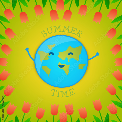Fun Earth Day Card with tulips. Vector illustration