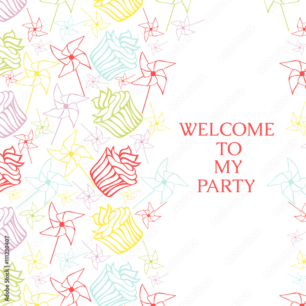 Party invitation template with colorful hand drawn outlined cupcakes and toy windmills. Vector illustration. Perfect for your design.