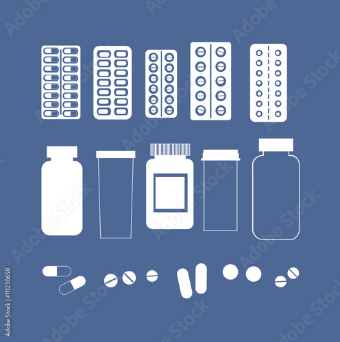 Vector set of medicine pills.  Tablets and capsules, prescription bottles. 