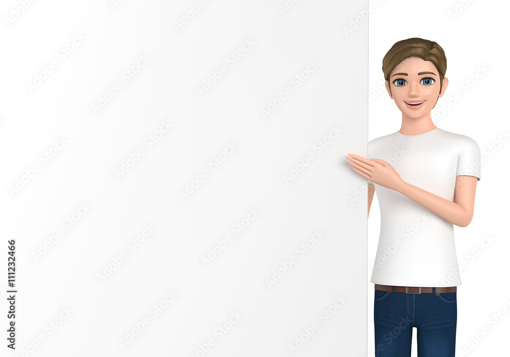 3D illustration character - The man who wore a T-shirt points to the white board. 3D illustration character - The man who wore a T-shirt points to the white board.