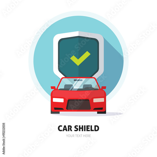 Car guard shield sign, collision insurance shop store logo emblem auto tuning service red sport car front view, protection, driver flat security system badge. Theft modern design label illustration