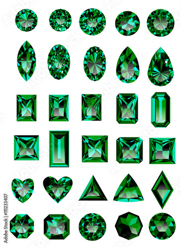 Set of realistic green jewels. Colorful green gemstones. Green emeralds isolated on white background. Princess cut jewel. Round cut jewel. Emerald cut jewel. Oval jewel. Pear jewel . Heart cut jewel. photo