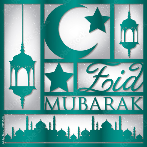 Paper cut out "Eid Mubarak" (Blessed Eid) card in vector format.