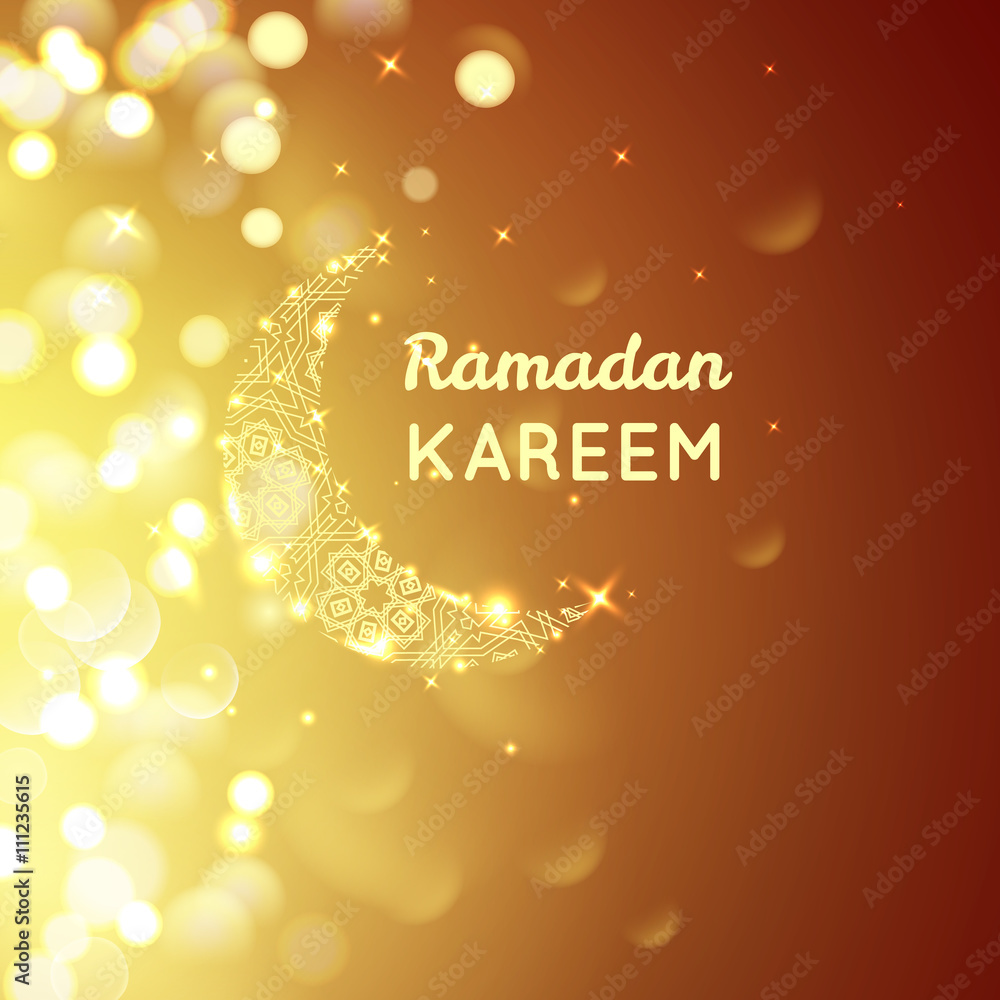 Beautiful golden moon, Ramadan Kareem greeting on gold bokeh background