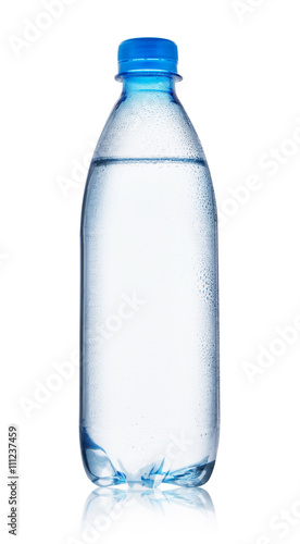Blue bottle of water with drops