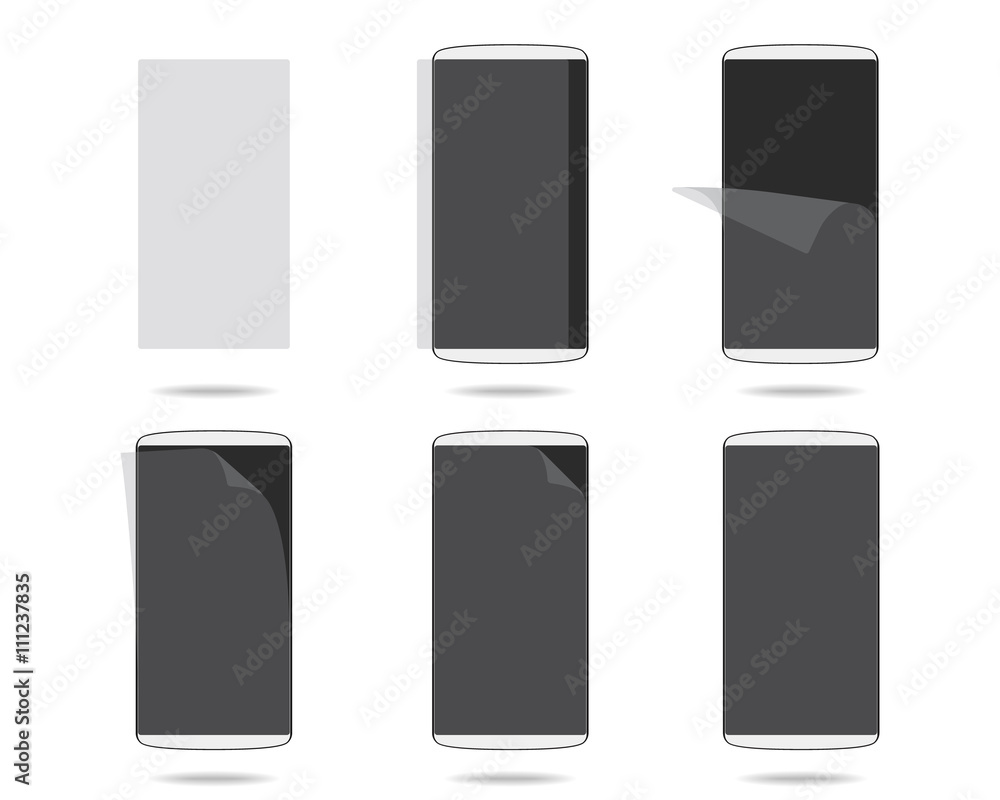 White smartphones screen with protector glass set different step White smartphones screen with protector glass set different step