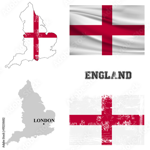Map and flag of  England in the ancient and modern style.