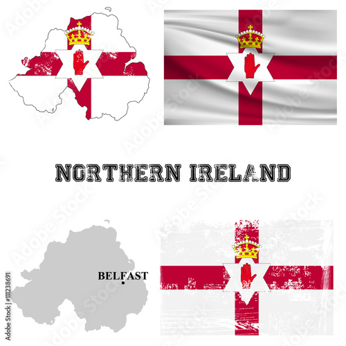Map and flag of Northern Ireland in the ancient and modern style.