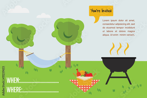 BBQ Party invitation. outdoor scene with grill and picnic basket