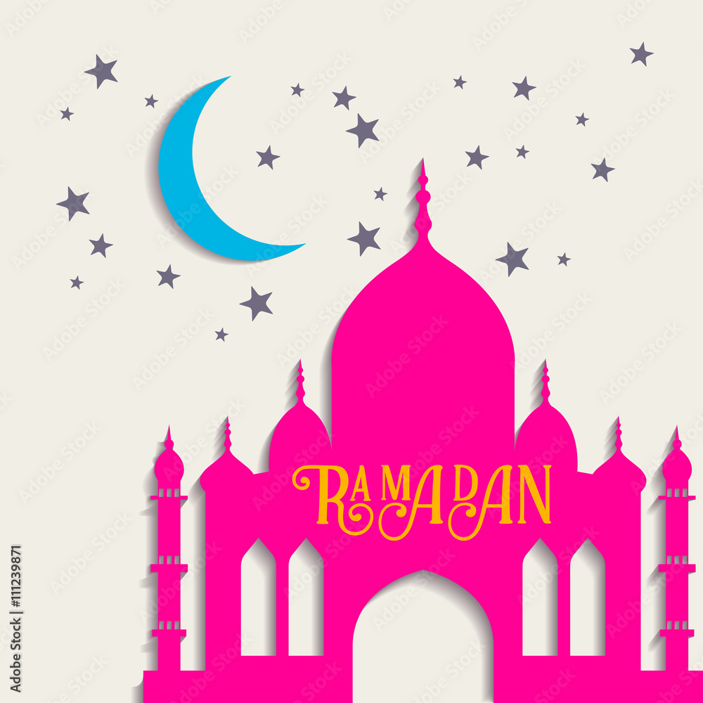 Ramadan vector greeting card with silhouette of mosque. Vector multicolor seamless background. Ramadan Kareem.