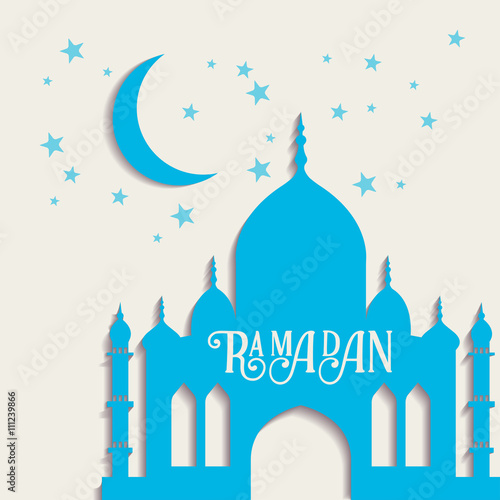 Ramadan vector greeting card with silhouette of mosque. Vector multicolor seamless background. Ramadan Kareem.