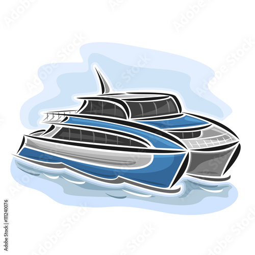 Vector illustration of logo for high-speed ferry catamaran, consisting of velocity passenger express ship, floating on the ocean sea waves close-up on blue background