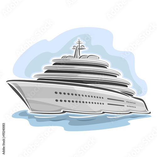  Vector illustration of logo for large mega yacht, consisting of luxury cartoon cruise liner ship, floating on the ocean sea waves close-up on blue background 