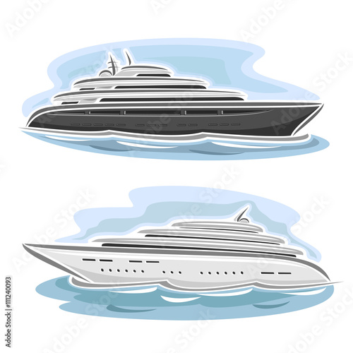 Vector illustration of logo for large mega yacht, consisting of luxury cartoon cruise liner ship, floating on the ocean sea waves close-up on blue background 