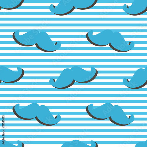 Flat design, vector hipster moustache and stripes seamless pattern background.