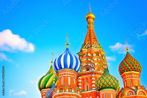 St. Basil's cathedral on the Red Square in Moscow at dusk.