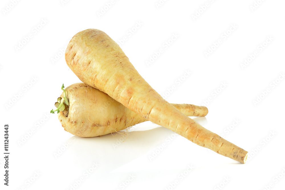 two fresh parsnip roots on a white background - obrazy, fototapety, plakaty 