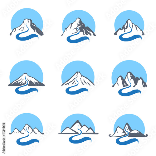 Fototapeta Naklejka Na Ścianę i Meble -  Mountain river logo set, vector icon illustration.