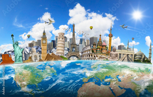 Canvas Print Famous landmarks of the world grouped together on planet Earth