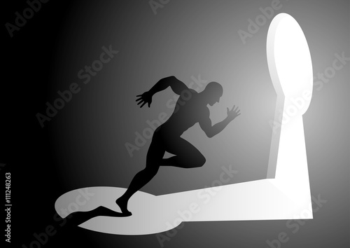 Silhouette illustration of a man running into a keyhole